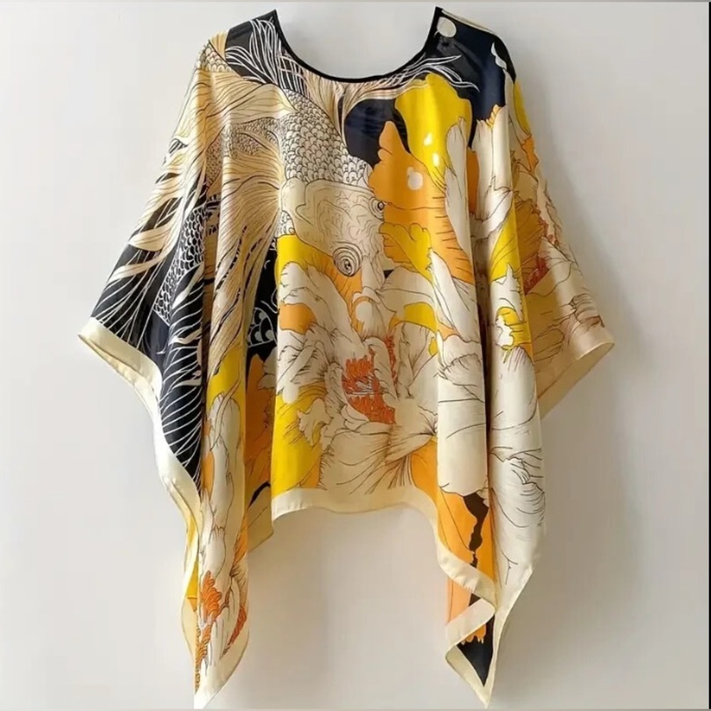 Silky Floral Koi Print Scarf Wrap in Yellow & Black